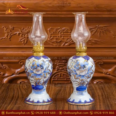 Đèn Dầu Thờ Dáng Xoài Cao Cấp Men Lam Vẽ Vàng DT1059