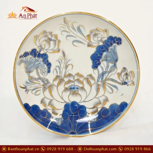 Đĩa Cau Men Lam Vẽ Vàng Hoa Sen Cao Cấp DT1076