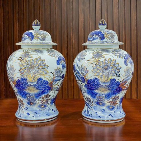 Đôi Choé Hoa Sen Men Lam Vẽ Vàng Cao Cấp Sứ Bát Tràng DT1054