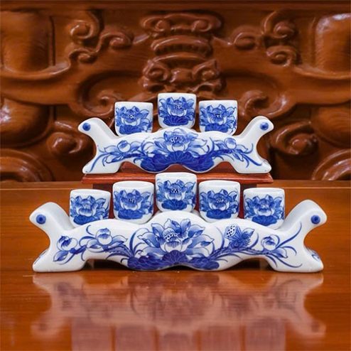 Kỷ Chén Ngai Thờ Hoa Sen Men Lam Vẽ Tay Bát Tràng DT1006