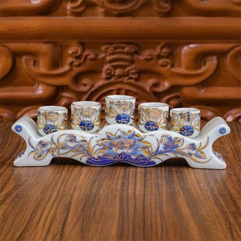 Kỷ Chén Thờ Cao Cấp Men Lam Vẽ Vàng Gốm Bát Tràng DT1055