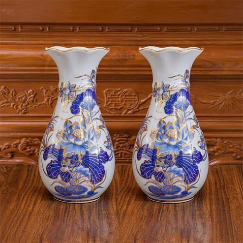 Lọ Hoa Cao Cấp Vẽ Vàng Men Lam Cổ Lượn DT1069