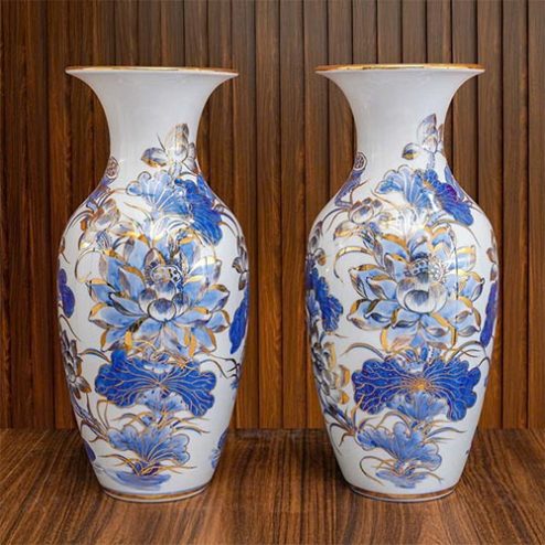 Lọ Hoa Dáng Lộc Bình Men Lam Vẽ Vàng Hoa Sen Cao Cấp DT1071