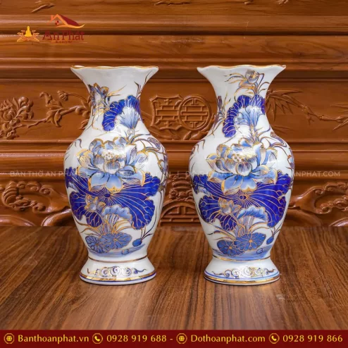 Lọ Hoa Mẫu Cổ Lượn Hoa Sen Men Lam Vẽ Vàng Cao Cấp DT1068