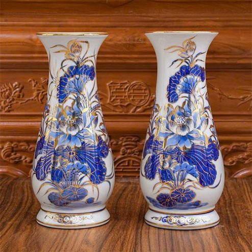 Lọ Hoa Mẫu Lọ Huệ Men Lam Vẽ Vàng Cao Cấp DT1070