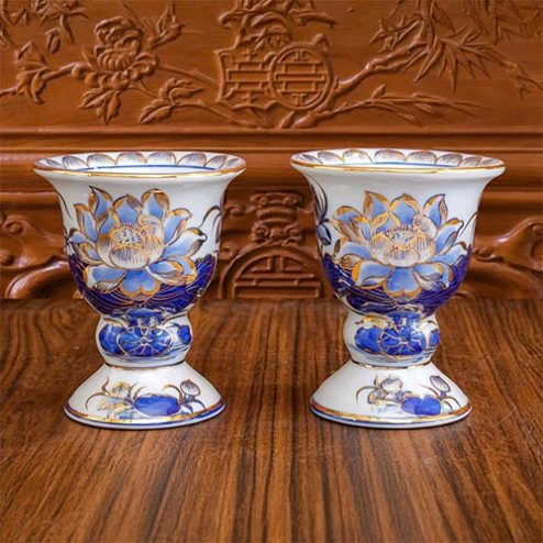 Ly Đựng Phật Thủ Men Lam Hoa Sen Vẽ Vàng Cao Cấp DT1065