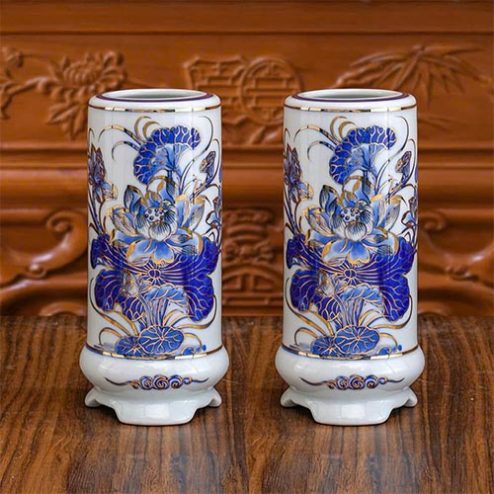 Ống Đựng Hương Cao Cấp Men Lam Vẽ Vàng Có Chân DT1057