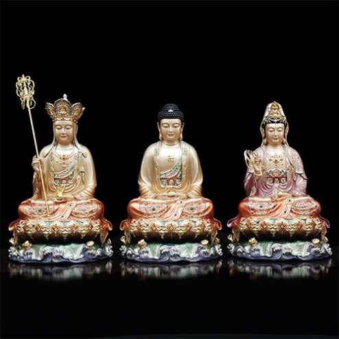 Tượng Phật Ta Bà Tam Thánh Đồng Mẫu Ngồi Non Nước Sơn Màu T2340