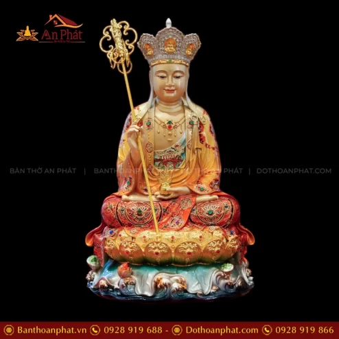 Tôn Tượng Địa Tạng Vương Ngọc Thạch Phủ Đồng Tọa Lá Sen Vẽ gấm Đỏ cam T2390