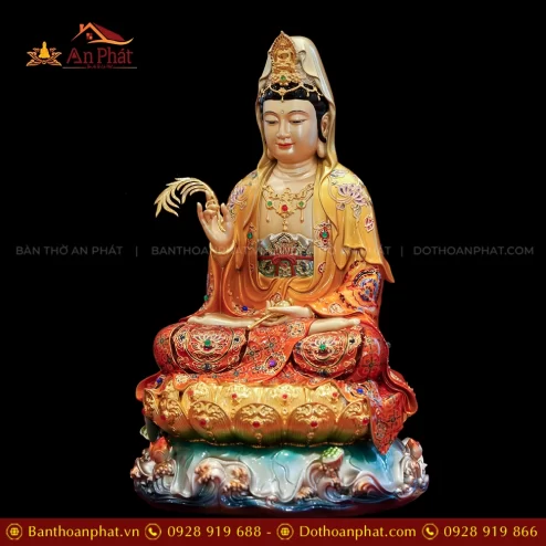 Tôn Tượng Quan Thế Âm Ngọc Thạch Phủ Đồng Tọa Lá Sen Vẽ gấm Đỏ cam T2392