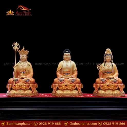 Tôn Tượng Ta Bà Tam Thánh Ngọc Thạch Phủ Đồng Tọa Đài Sen vàng ánh nâu T2399