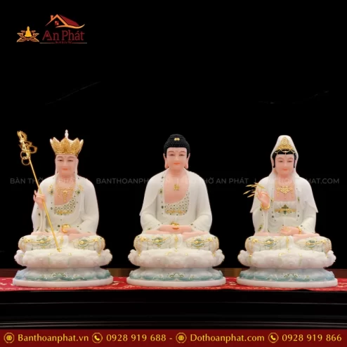 Tôn Tượng Ta Bà Tam Thánh Tọa Đài Sen Đá Đài Loan Xanh trắng T2386