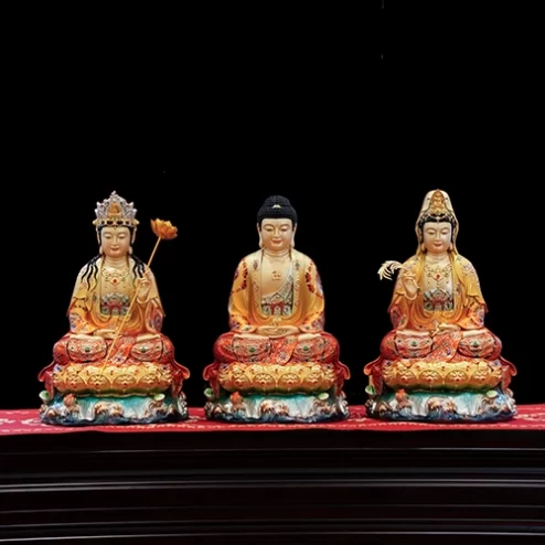 Tôn Tượng Tây Phương Tam Thánh Ngọc Thạch Phủ Đồng Tọa Lá Sen Vẽ gấm Đỏ cam T2394