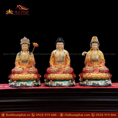 Tôn Tượng Tây Phương Tam Thánh Ngọc Thạch Phủ Đồng Tọa Lá Sen Vẽ gấm Đỏ cam T2394