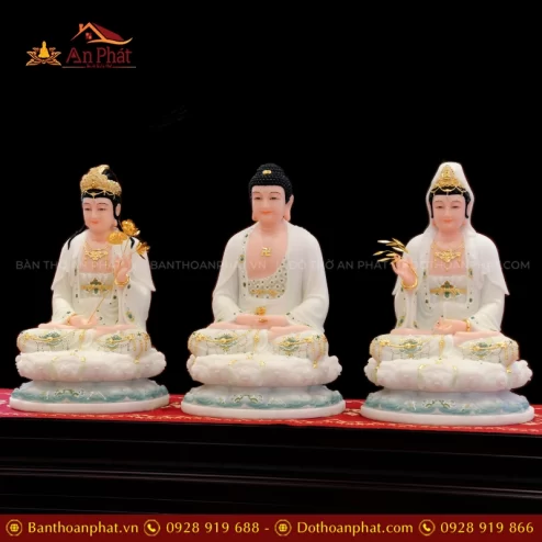 Tôn Tượng Tây Phương Tam Thánh Tọa Đài Sen Đá Đài Loan Xanh trắng T2385