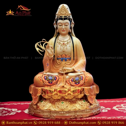 Tượng Quan Âm Ngọc Thạch Phủ Đồng Tọa Đài Sen vàng ánh nâu T2396