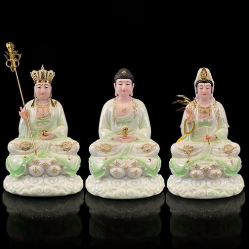 Tượng Phật Ta Bà Tam Thánh Ngồi Mây Bột Đá Màu Thiên Thanh T2371