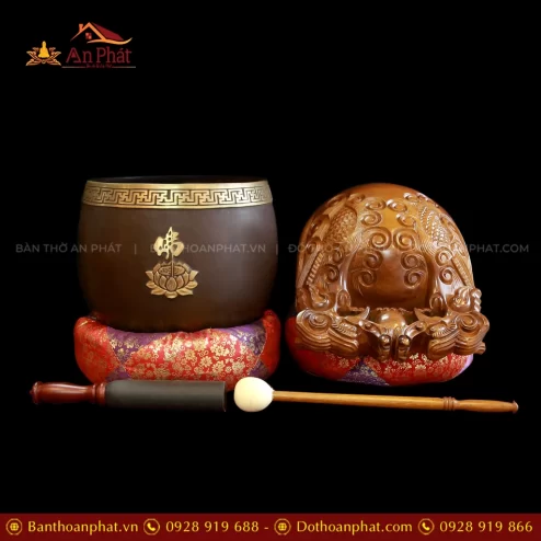 Bộ Chuông Chữ Phật Mõ Rồng Gỗ Bưởi Vàng 16inch AK11216