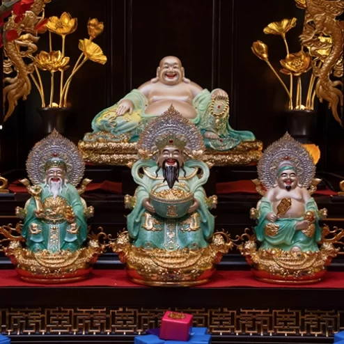 Bộ tượng Thần Tài Thổ Địa Di Lặc Ngọc Thạch Phủ Đồng Xanh Ngọc Lục Bảo T2525