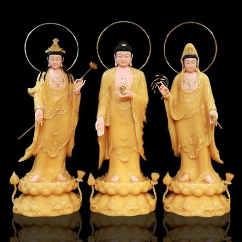 Bộ Tượng Phật Tây Phương Tam Thánh Đứng Bột Đá Thạch Anh Cao Cấp Viền Vàng T2454