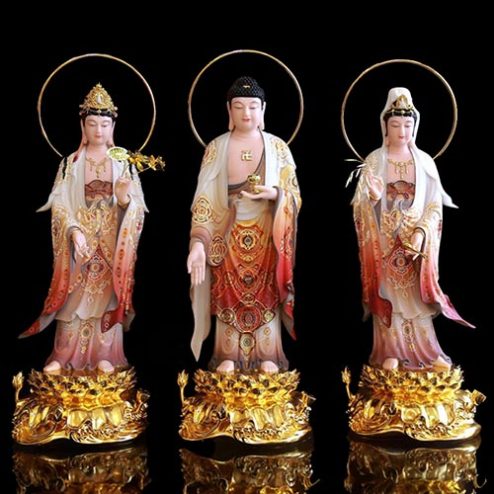 Bộ Tượng Phật Tây Phương Tam Thánh Đứng Đài Sen Bột Đá Vẽ Gấm Dát Vàng T2452