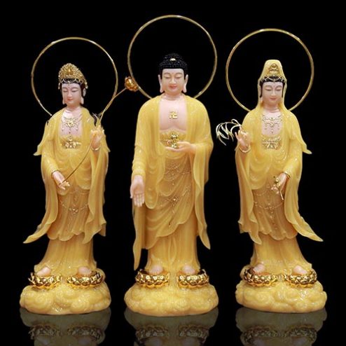 Bộ Tượng Phật Tây Phương Tam Thánh Đứng Mây Bột Đá Thạch Anh Có Hào Quang T2467