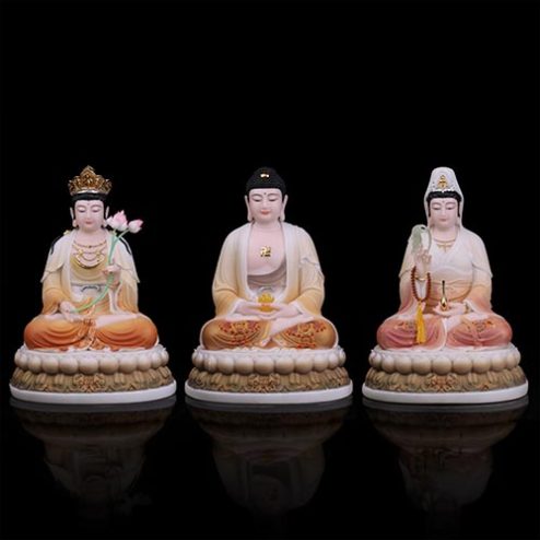 Bộ Tượng Phật Tây Phương Tam Thánh Toạ Đài Sen Vẽ Gấm Hoa T2475