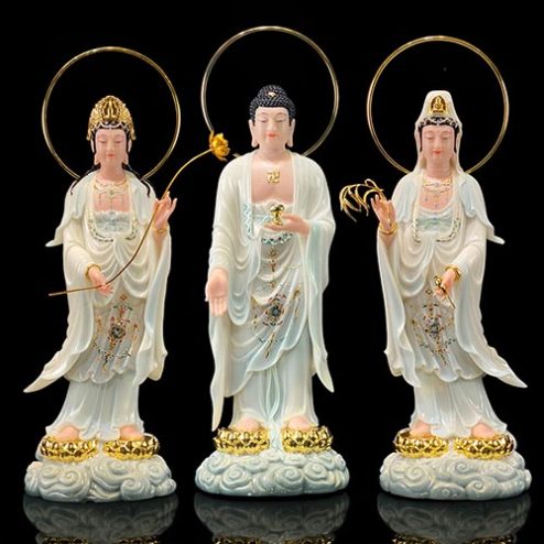 Bộ Tượng Tây Phương Tam Thánh Bằng Bằng Bột Đá Thạch Ngọc Trắng Có Hào Quang Viền Hoa T2466