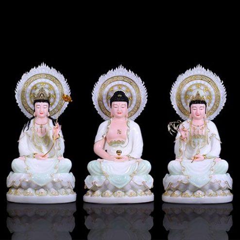 Bộ Tượng Tây Phương Tam Thánh Bột Đá Xanh Thiên Thanh Dáng Ngồi Có Lá Đề T2470