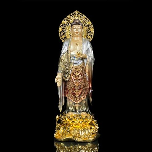 Tượng A Di Đà Bằng Đồng Men Cổ Ấn Bảo Đứng Đế Non Nước Có Lá Bồ Đề T2536