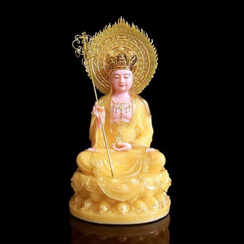 Tượng Địa Tạng Vương Bồ Tát Bột Đá Thạch Anh Có Lá Đề Ngồi Đài Sen Viền Vàng T2647