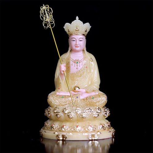 Tượng Địa Tạng Vương Bồ Tát Bột Đá Thạch Anh Viền Vàng Ngồi Đài Sen T2653