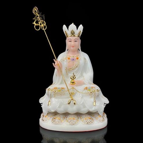 Tượng Địa Tạng Vương Bồ Tát Đá Trắng Viền Vàng Ngồi Đài Sen Cao Cấp T2663