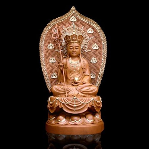 Tượng Địa Tạng Vương Bồ Tát Gỗ Long Não Nhập Khẩu Ngồi Đài Sen Có Lá Đề Viền Vàng T2665