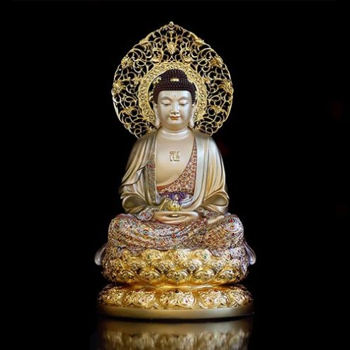 Tượng Phật A Di Đà Bằng Đồng Viền Vàng Mẫn Bảo Dáng Ngồi Lá Đề T2491