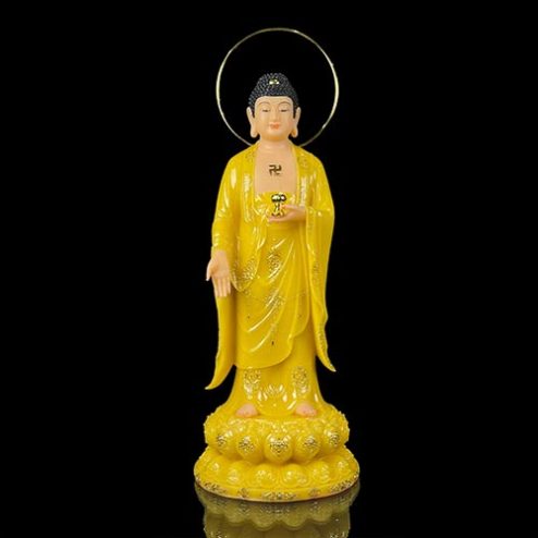 Tượng Phật A Di Đà Bột Đá Thạch Anh Viền Vàng Đứng Có Hào Quang T2516