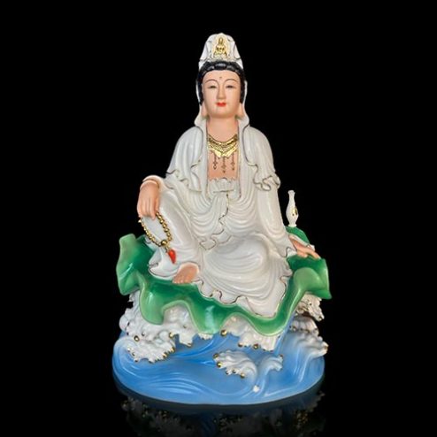 Tượng Phật Bà Quan Âm Ngồi Tự Tại Sứ Nhập Khẩu Đế Lá Sen Sóng Biển T2724