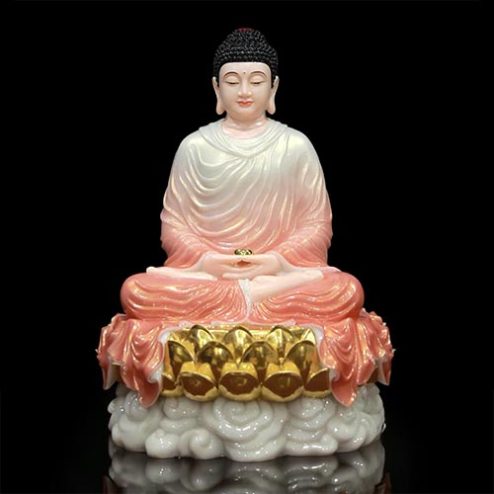 Tưởng Phật Bổn Sư Thích Ca Ngồi Đài Sen Bột Đá Áo Hồng Nhập Khẩu T2629