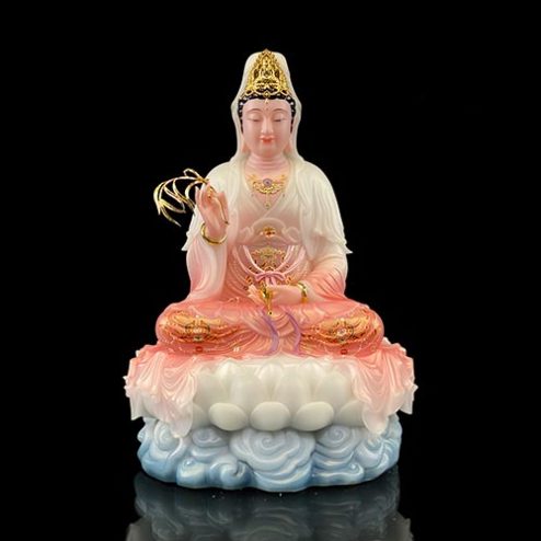 Tượng Quan Âm Bồ Tát Bột Đá Hồng Phú Quý Ngồi Đài Sen Đế Mây Cao Cấp T2583