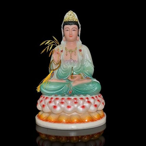 Tượng Quan Âm Bồ Tát Bột Đá Sơn Màu Xanh Dáng Ngồi Đài Sen 3 Tầng T2603