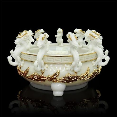 Chậu Tắm Phật Bột Đá Cửu Long Thạch Trắng Ngọc Viền Vàng T2753