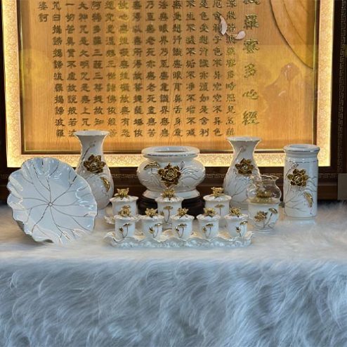 Bộ Đồ Thờ Bạch Ngọc Hoa Sen Dát Vàng Nhập Khẩu BDT012